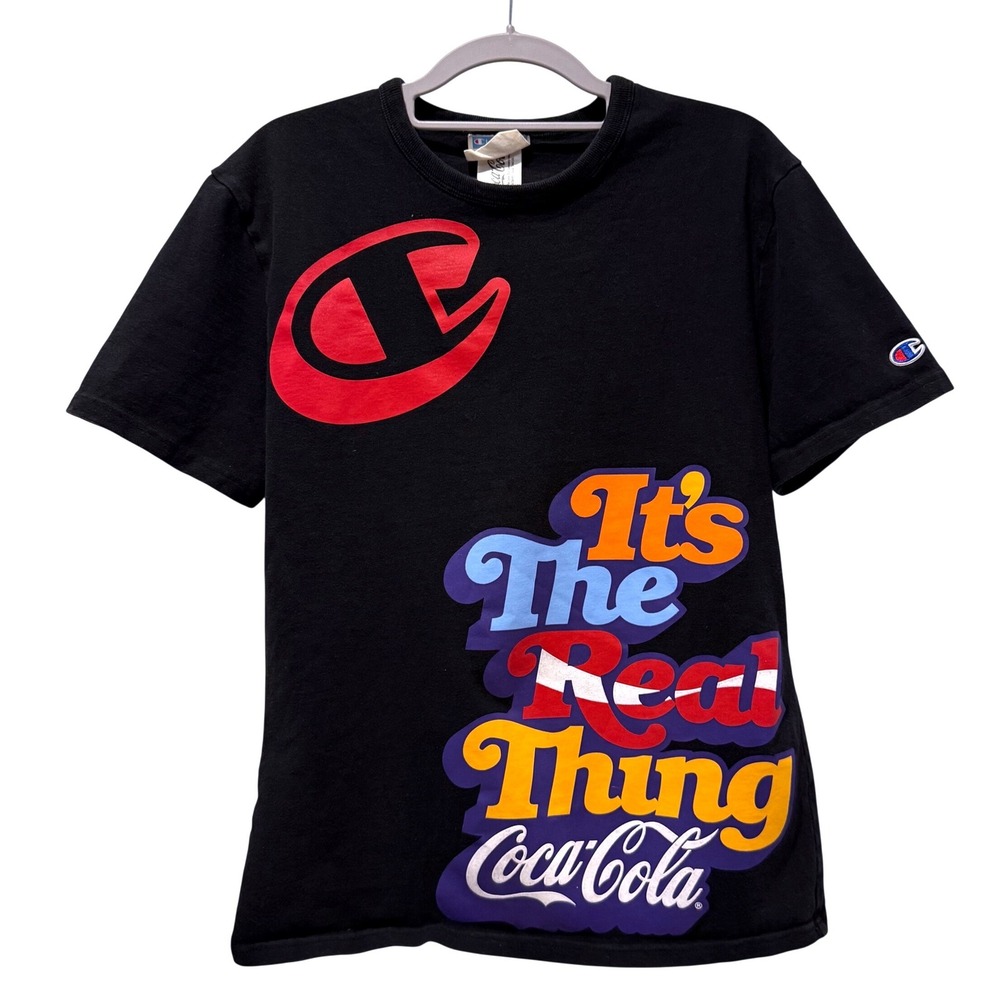 Champion x Coca-Cola Mens Black Graphic T-Shirt Its The Real Thing Logo Small